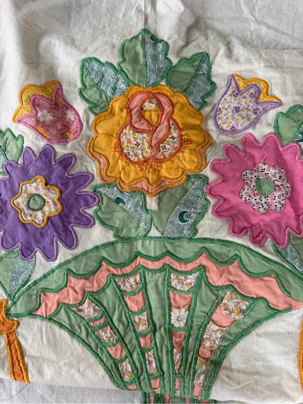 Vintage Flower Basket Embroidered Appliqué Quilt Top Unfinished READ 80x105